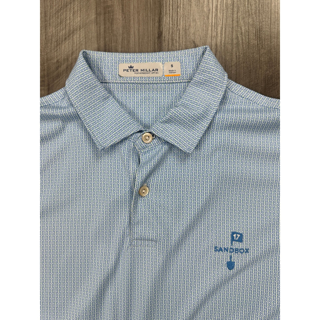 Peter Millar Featherweight UPF 50+ Golf Polo in Blue Green and White Geo Print — Size Small // Preowned
