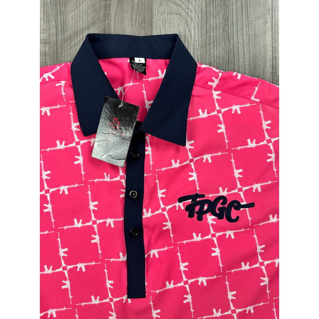 Trailer Park Golf Club Classy Rifle Golf Polo in Pink, White and Navy — Size Large