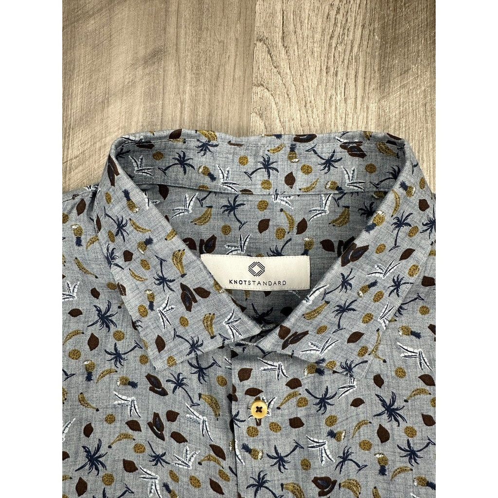 Knot Standard Linen Tropical Long Sleeve Shirt in Gray with Bananas, Pineapples, Coconuts, Palm Trees — Size 2XL // Preowned