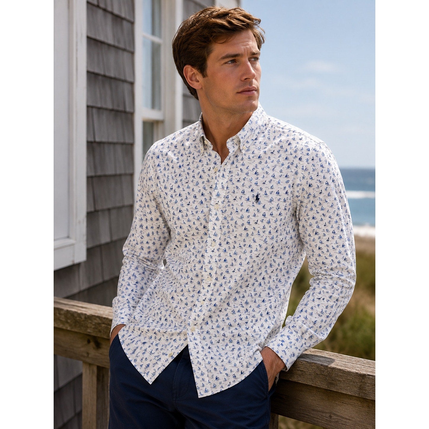 Polo Ralph Lauren Classic Fit Sailboat Anchor AOP Long Sleeve Shirt in White Blue — Size 2XL