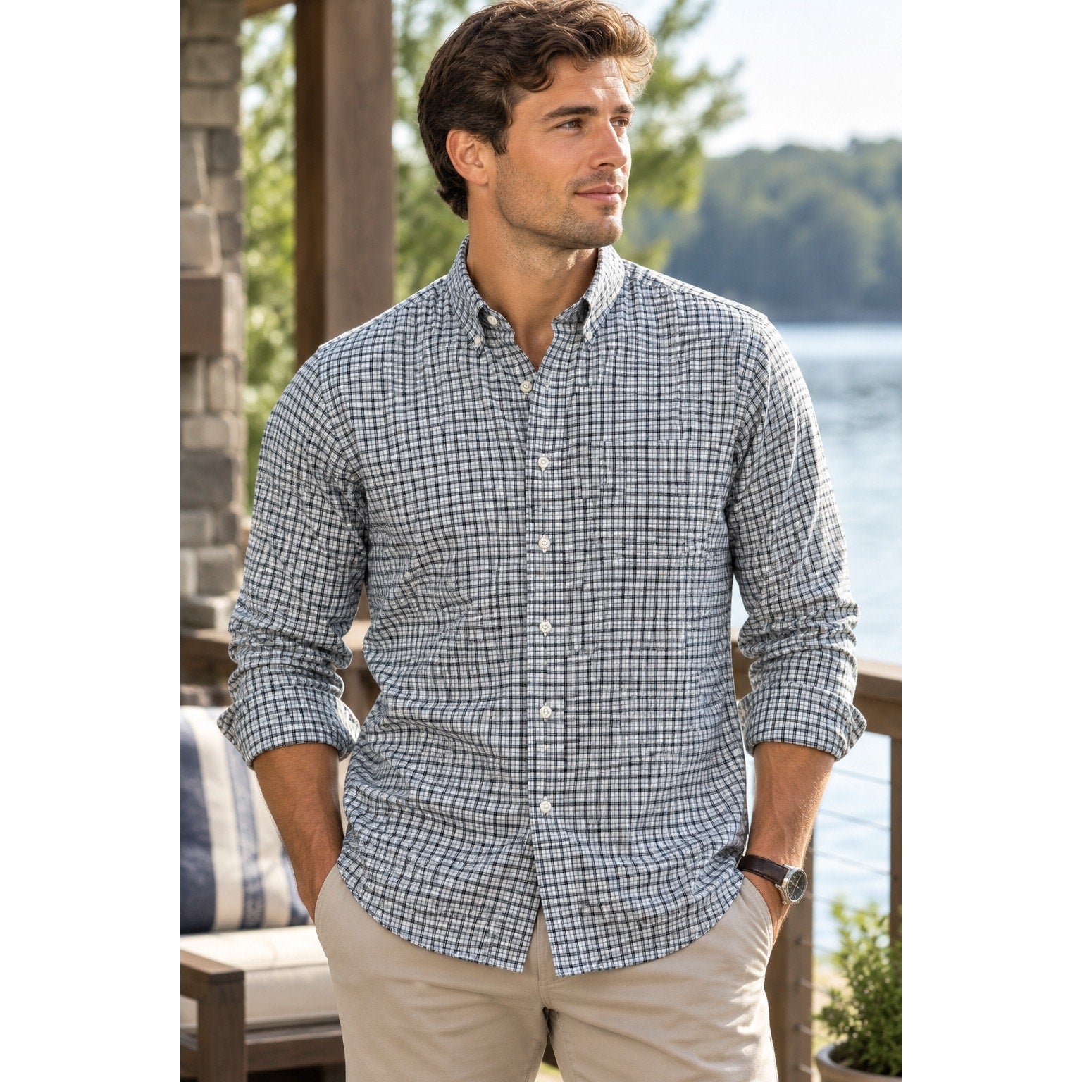 Onward Reserve Tailored Fit Plaid Long Sleeve Button Down in White, Blue, Navy and Dark Tan — Size XL // Preowned