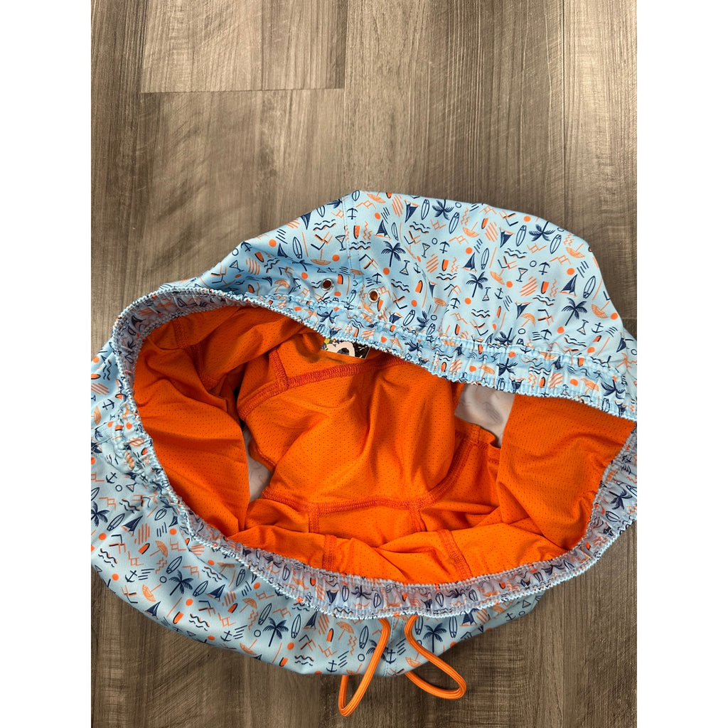 Robert Graham Beach Days Swim Trunks in Light Blue Navy and Orange — Size Large