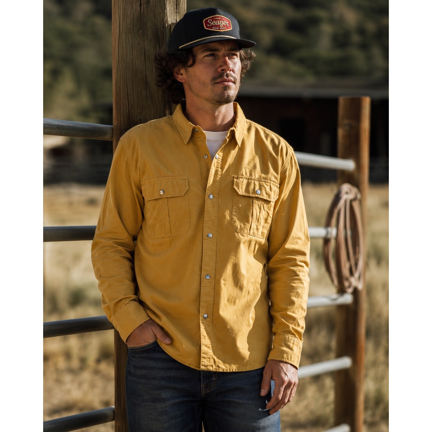 Seager Chief Long Sleeve Western Overshirt in Washed Amber Gold — Size Large