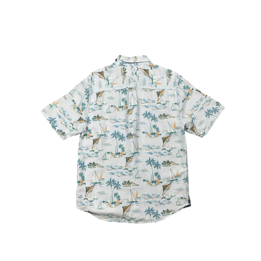 Tommy Bahama Sand Linen Sailfish Scenic Indigo Palms Short Sleeve Button Down in Dew Drop — Size Small