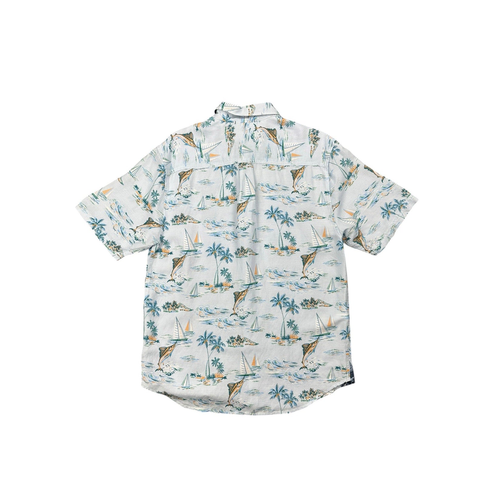 Tommy Bahama Sand Linen Sailfish Scenic Indigo Palms Short Sleeve Button Down in Dew Drop — Size Small