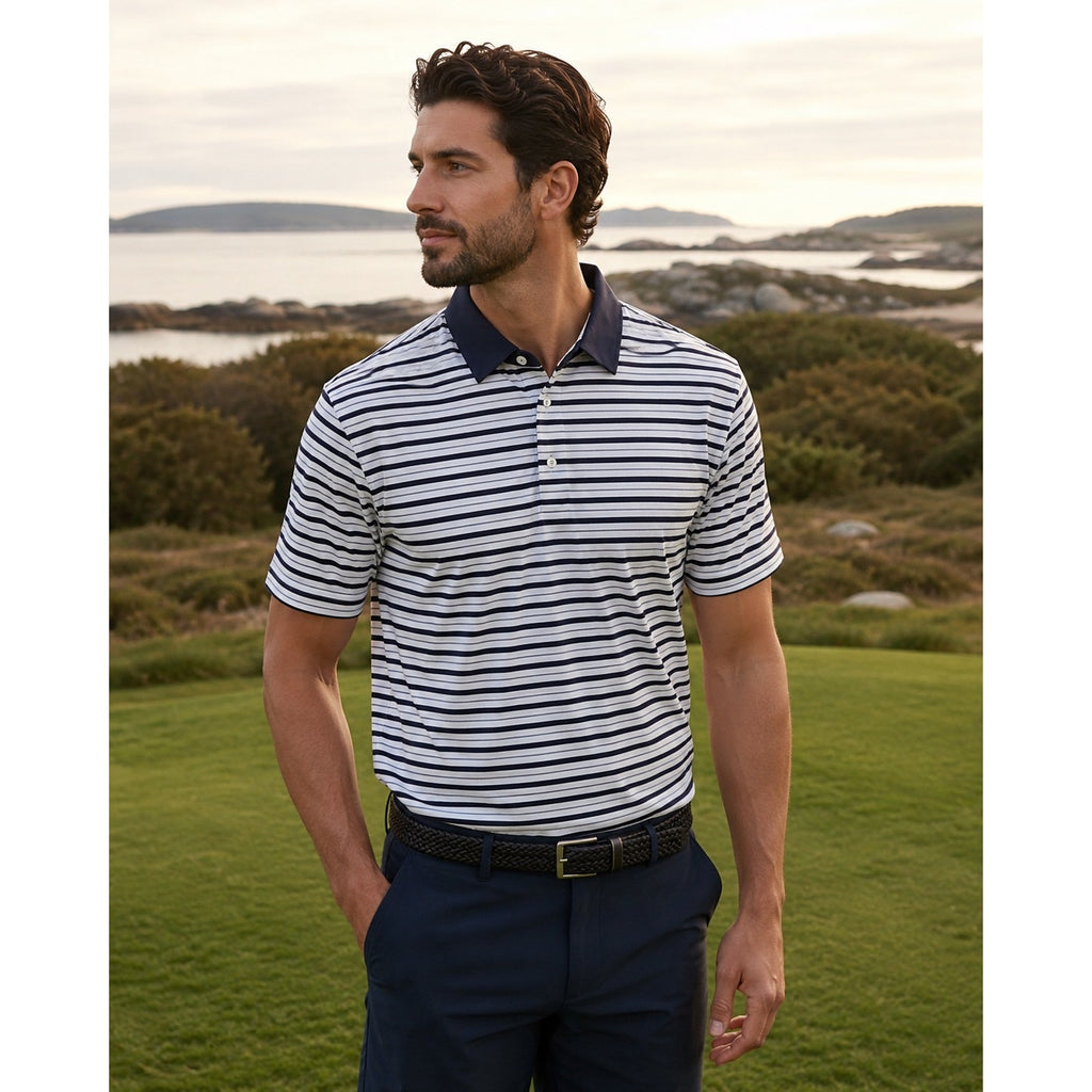 KJUS Luis Multi Stripe Comfort Fit Performance Polo in White, Navy, Slate Blue — Size 56 (2XL)