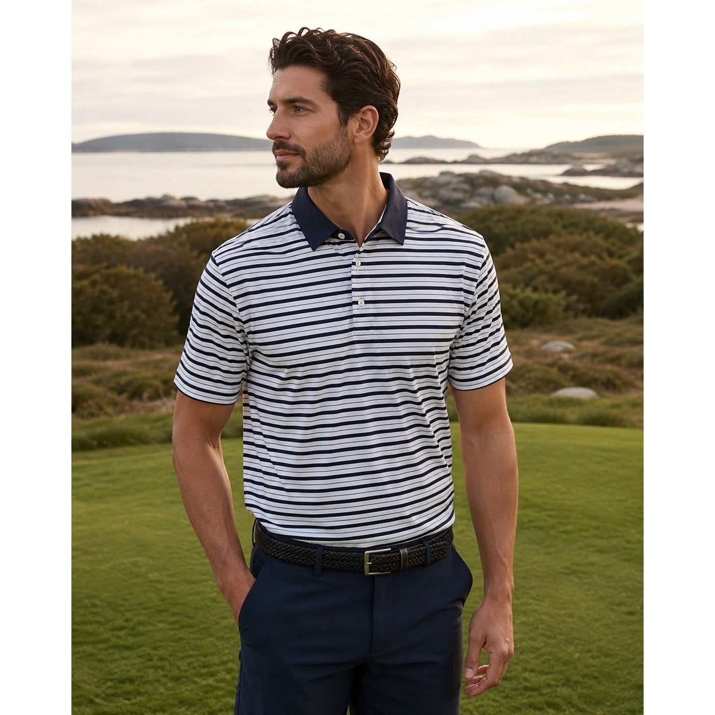 KJUS Luis Multi Stripe Comfort Fit Performance Polo in White, Navy, Slate Blue — Size 56 (2XL)
