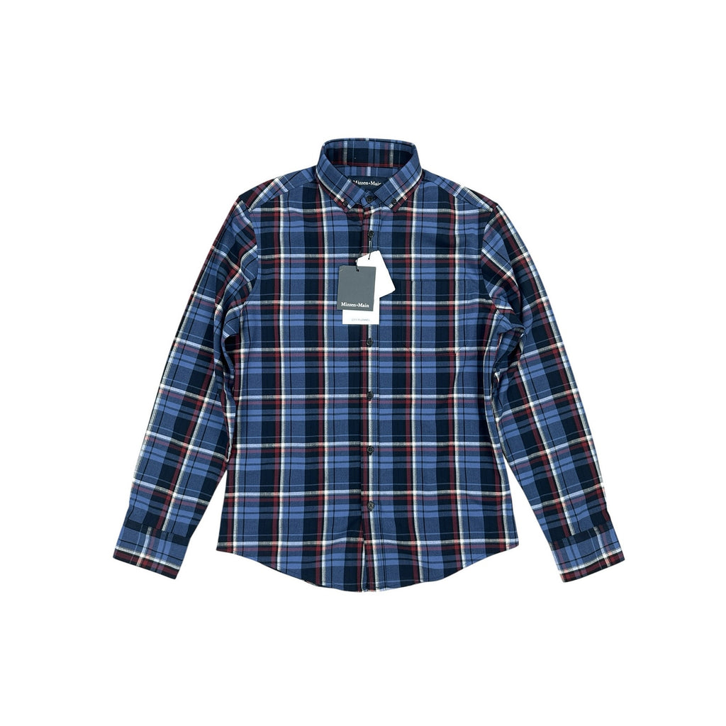 Mizzen+Main City Flannel Plaid Trim Fit Long Sleeve Button Down in Dark Blue — Size Small