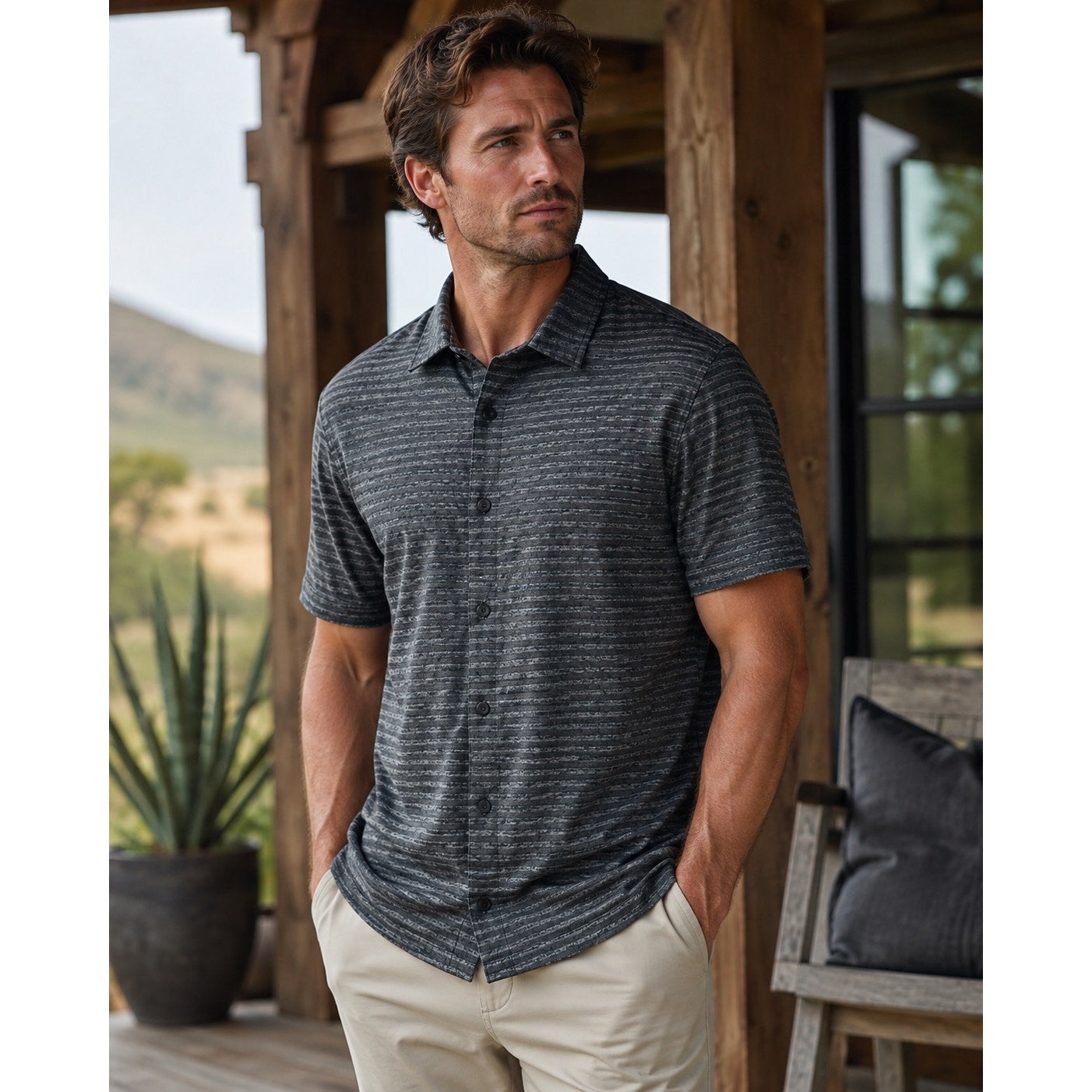 Robert Barakett Ranger Short Sleeve Knit Shirt in Black, Gray — Size Large
