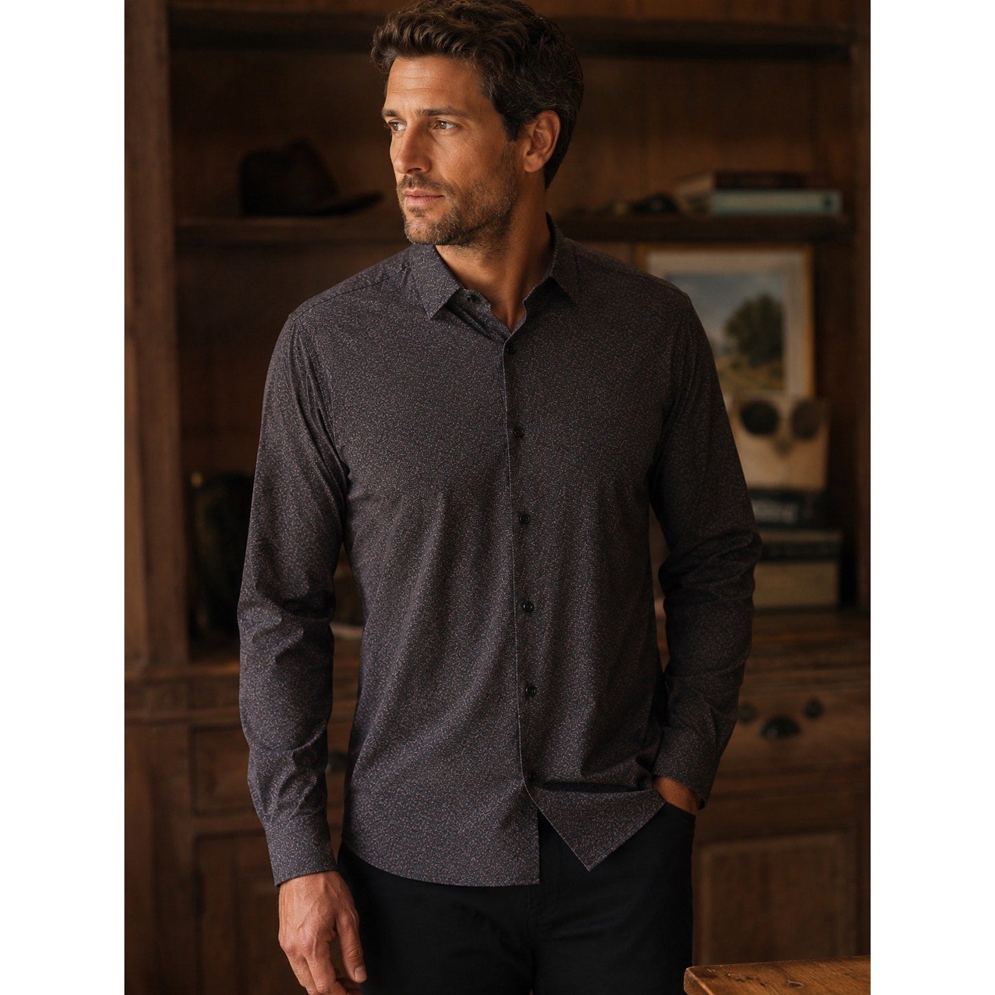 7 Diamonds Memphis Sky 4-Way Stretch Woven Long Sleeve Button Down in Black Mud Brown Light Blue — Size Large // Preowned
