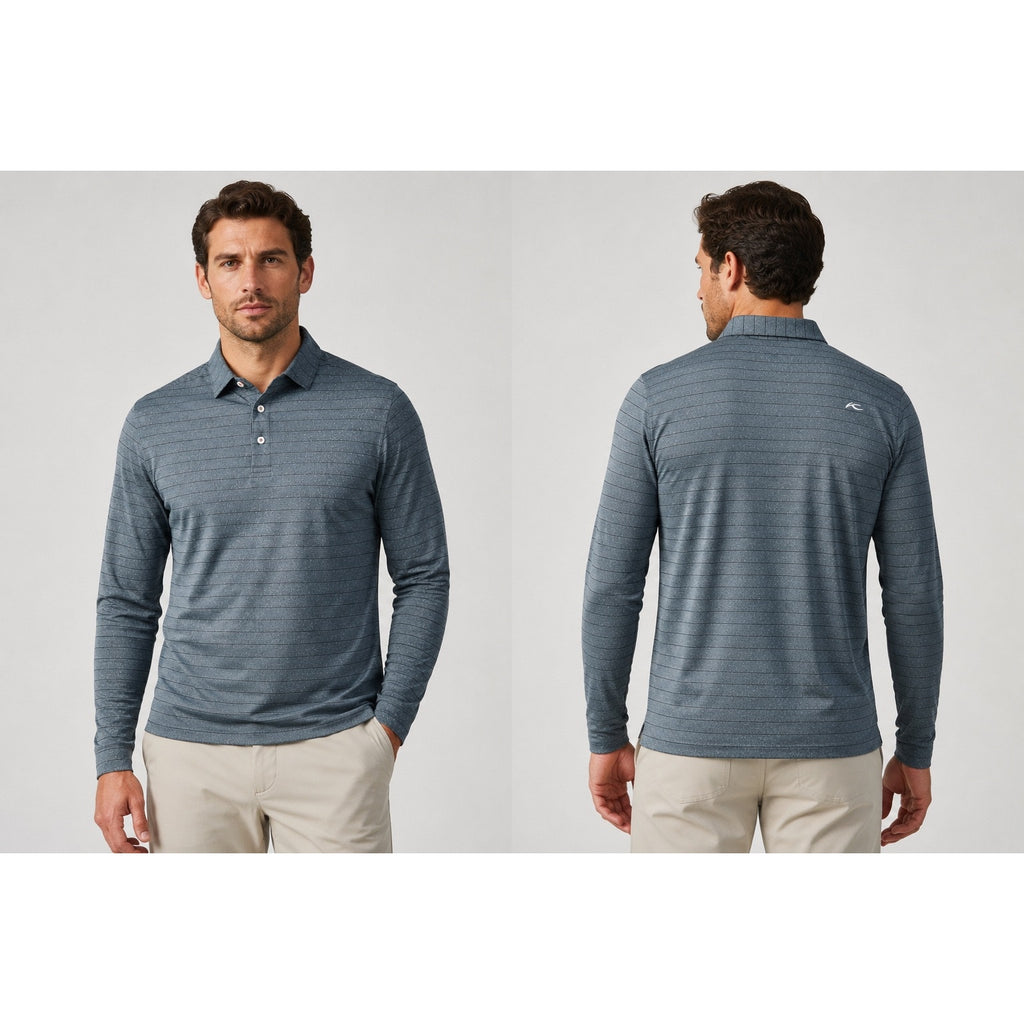 KJUS Soren Melange Stripe Long Sleeve Polo in Petrol Blue, Iron — Size 50 (Medium)