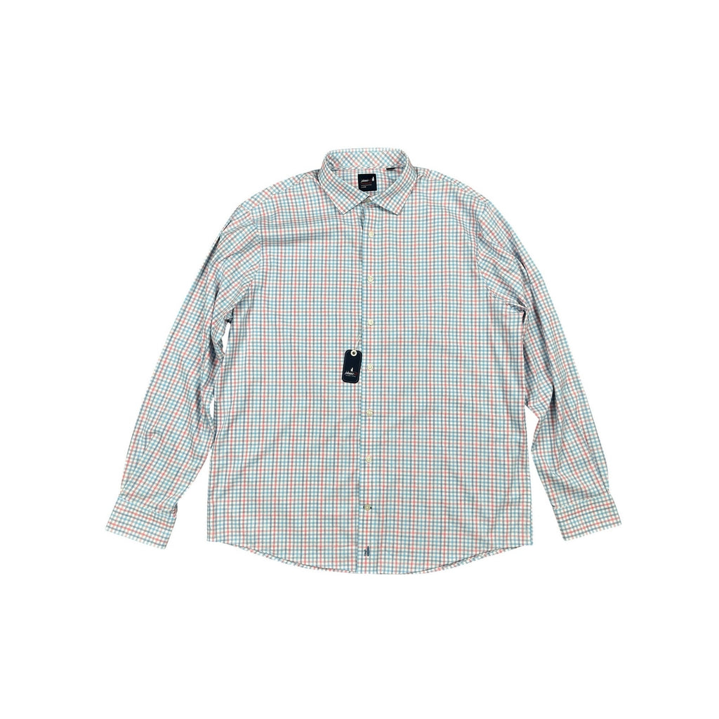 Johnnie-O Han Everyday Performance Long Sleeve Button Down in White with Pink, Navy and Blue — Size XL