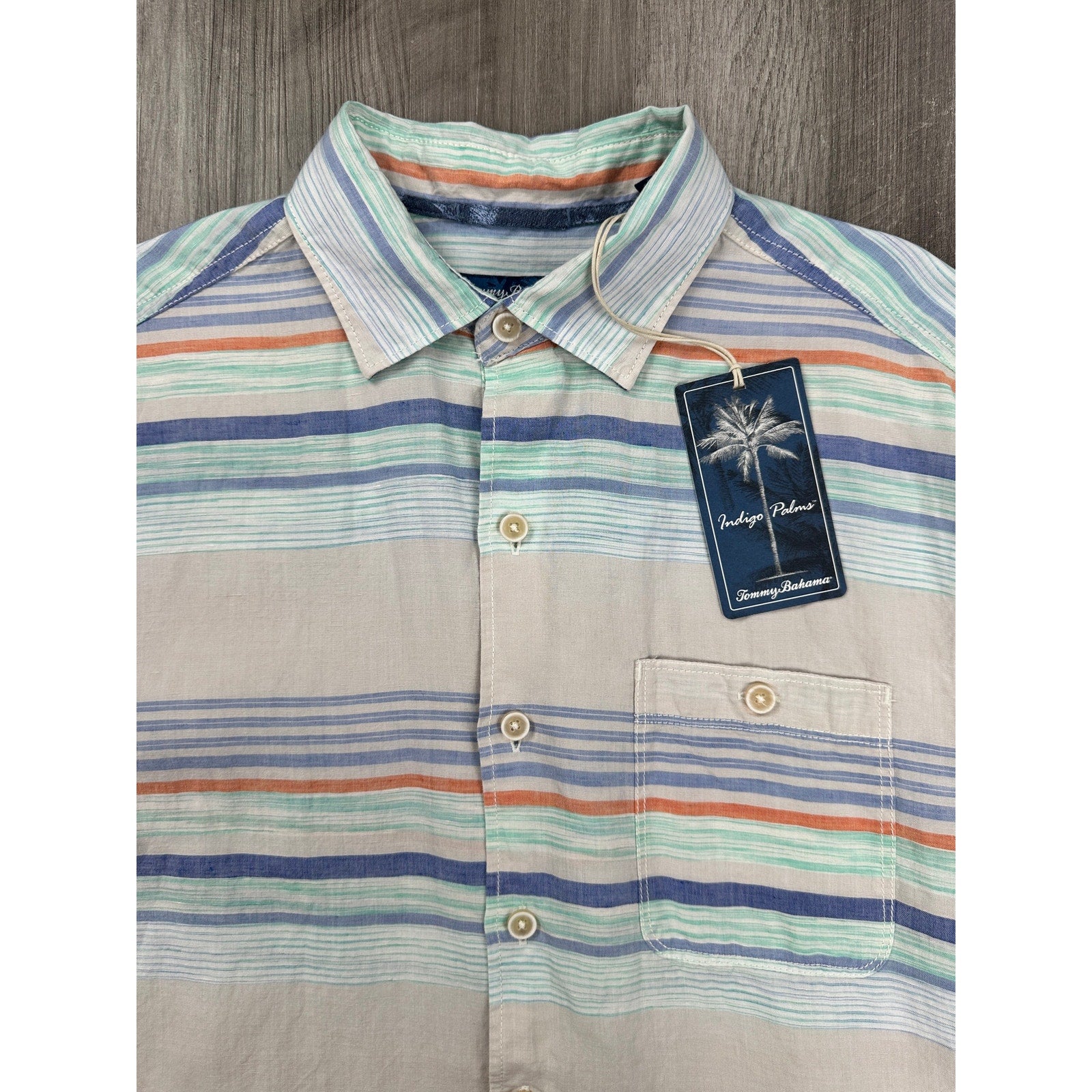 Tommy Bahama Indigo Palms Sand Linen Horizon View Short Sleeve Button Down in Stripe — Size Small