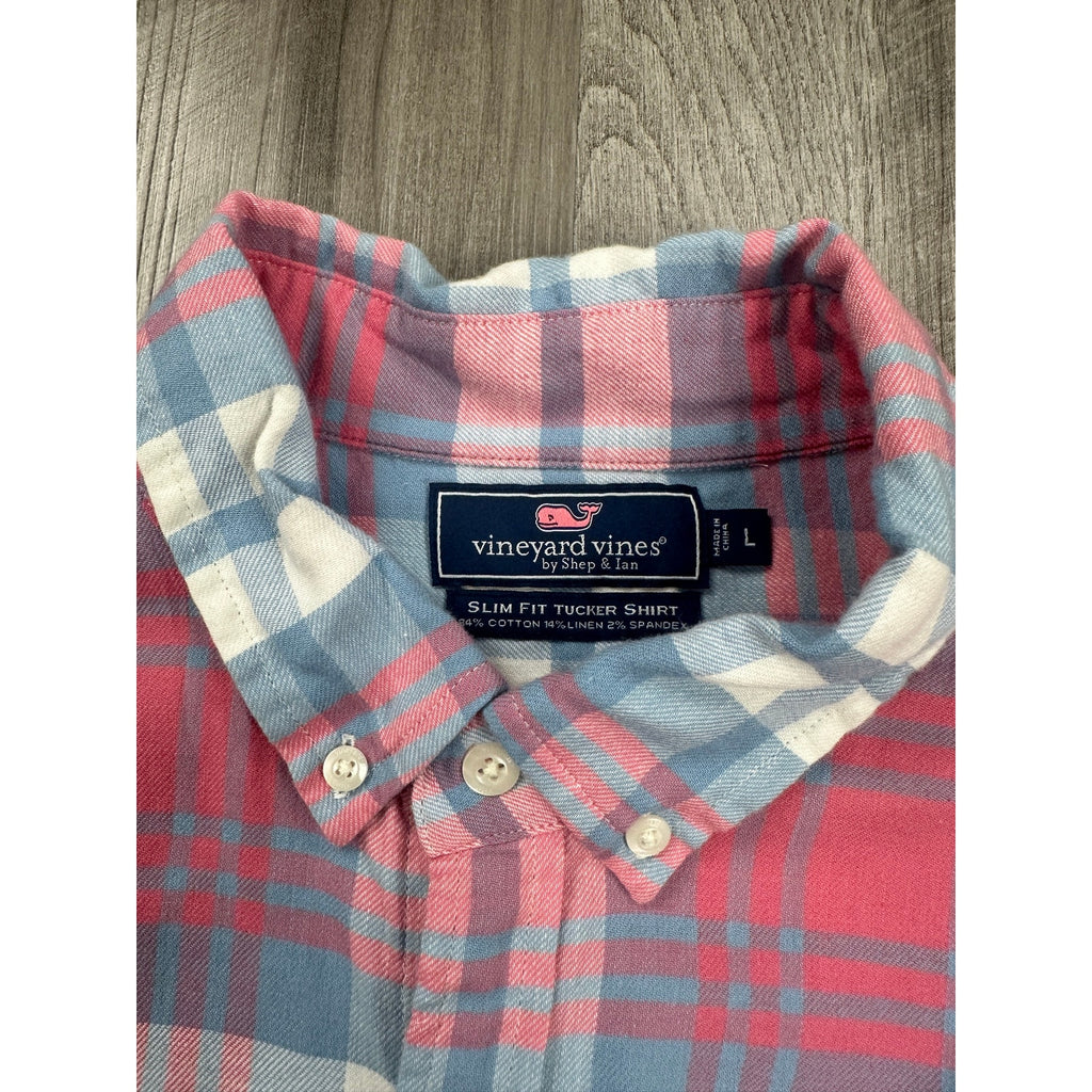 Vineyard Vines Slim Fit Tucker Shirt in Pink Blue Gray White Plaid Linen Blend — Size Large