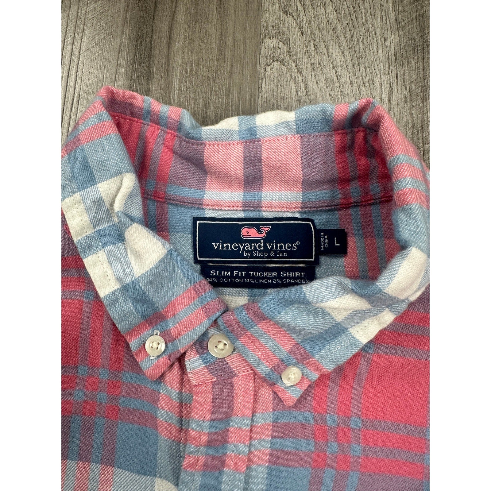 Vineyard Vines Slim Fit Tucker Shirt in Pink Blue Gray White Plaid Linen Blend — Size Large