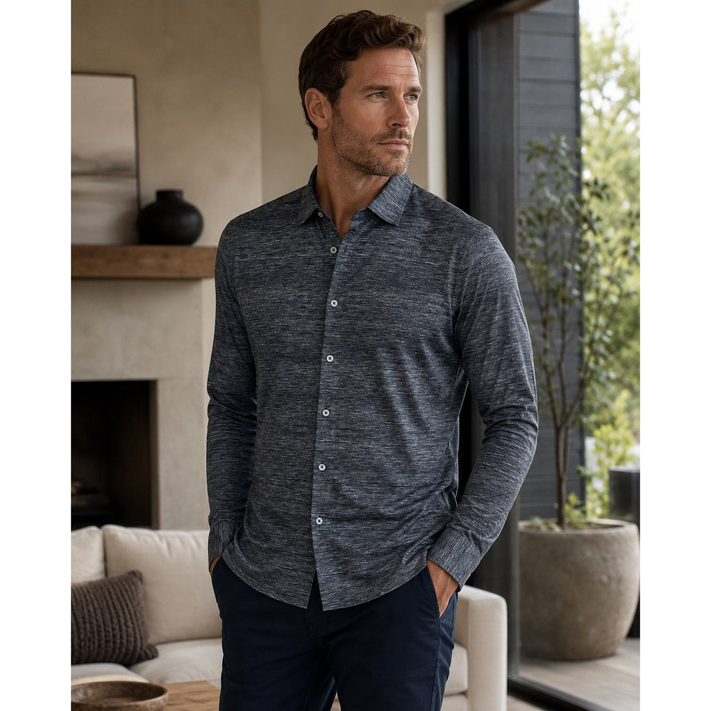 Bugatchi James Heathered OoohCotton 8 Way Stretch Long Sleeve in Heather Black — Size Medium // Preowned