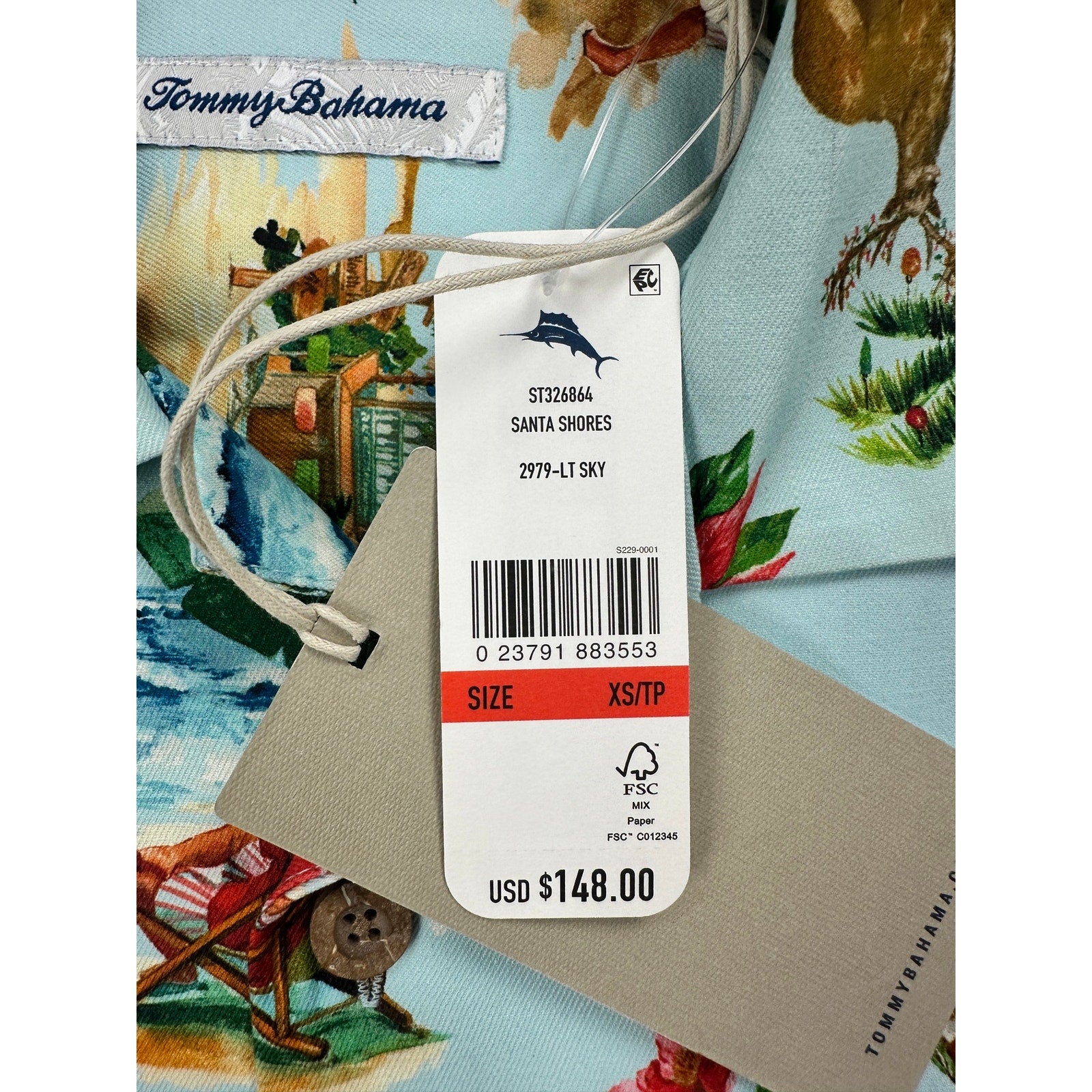 Tommy Bahama Santa Shores Tropical Hawaiian Christmas Short Sleeve Button Down in Light Sky — Size XS