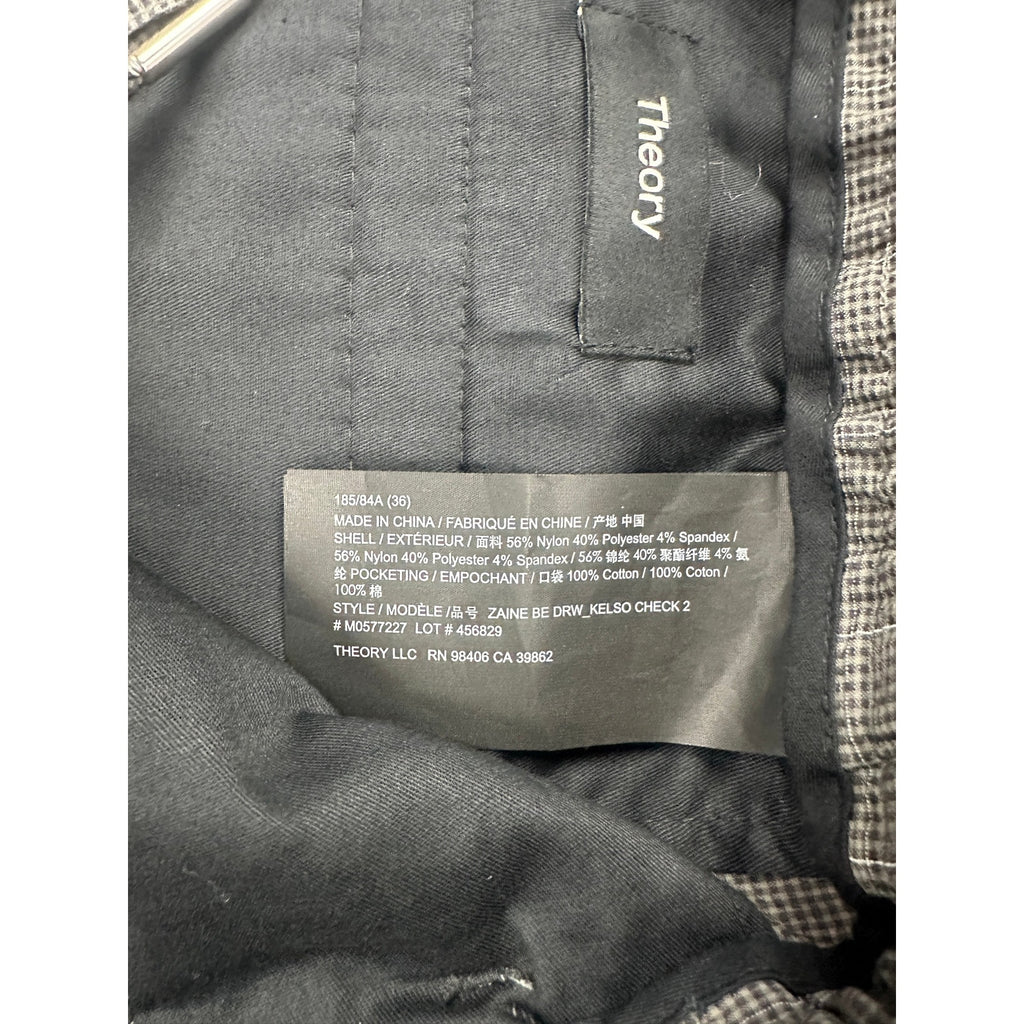 Theory Zaine Seersucker Kelso Check Drawstring Pants in Gray Charcoal and White — Size 36 // Preowned