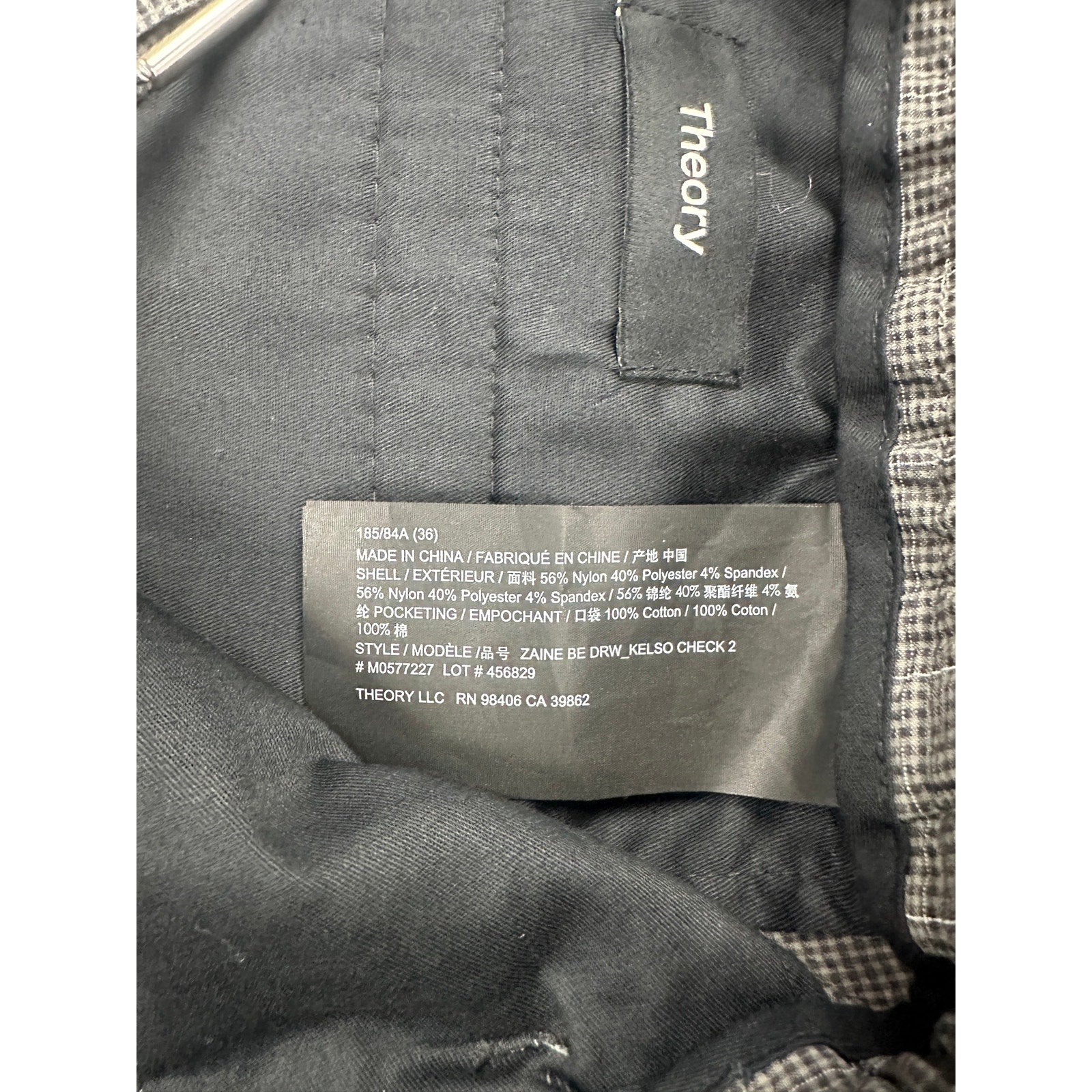 Theory Zaine Seersucker Kelso Check Drawstring Pants in Gray Charcoal and White — Size 36 // Preowned