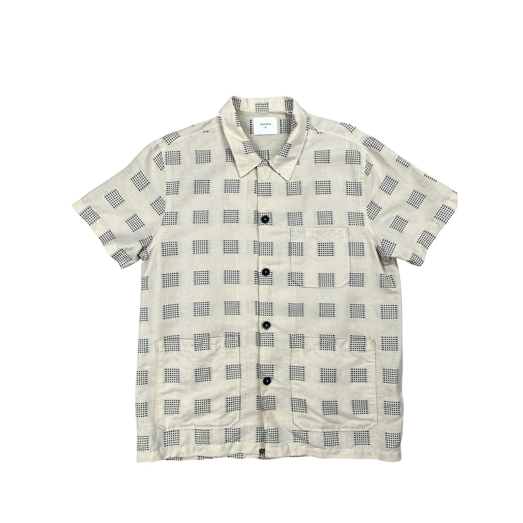Billy Reid Short Sleeve Linen Blend Camp Shirt in Natural and Black — Size Medium // Preowned