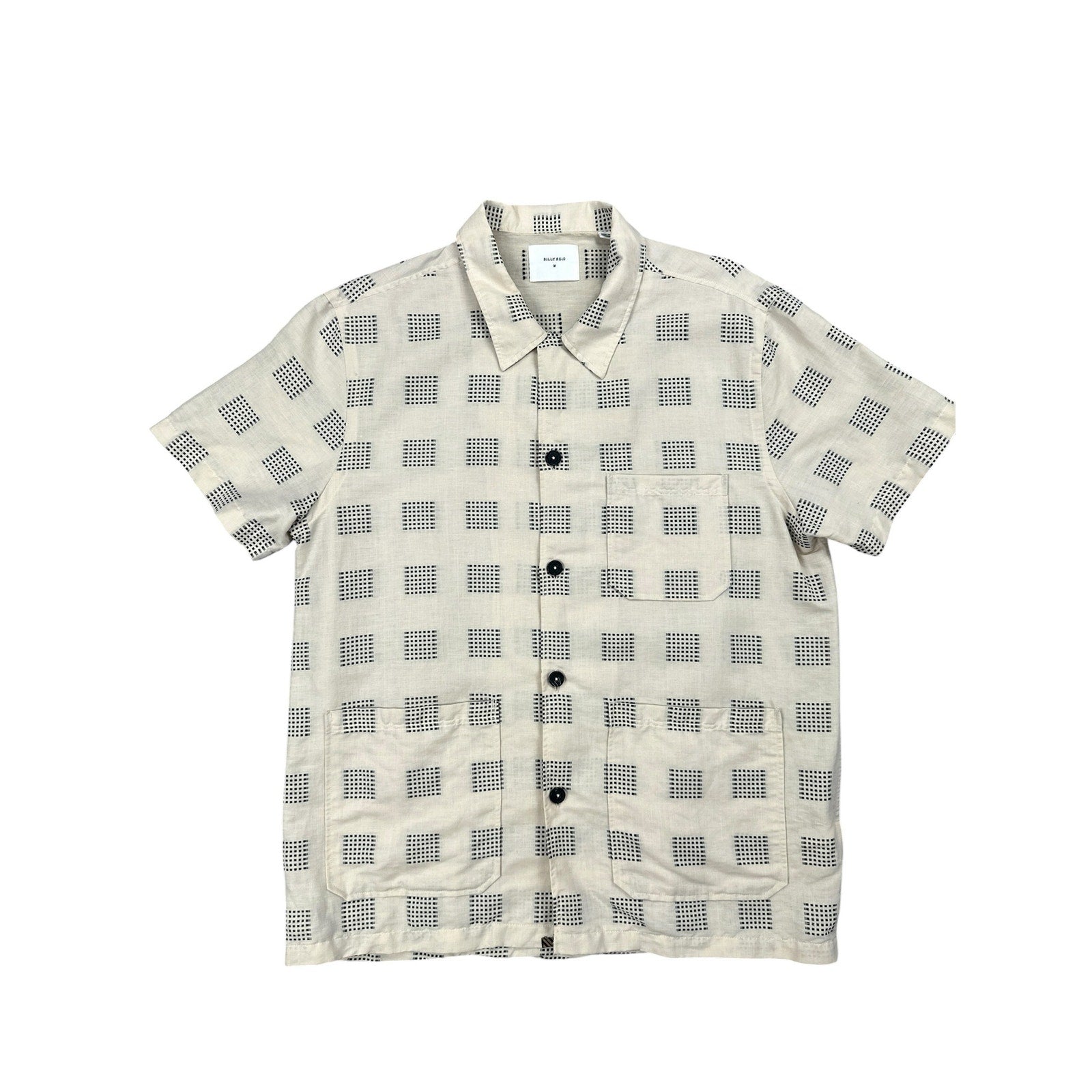 Billy Reid Short Sleeve Linen Blend Camp Shirt in Natural and Black — Size Medium // Preowned