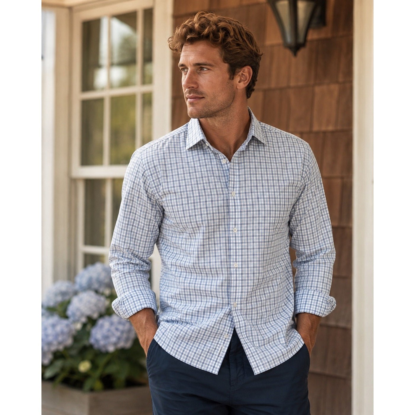 Proper Cloth Irving Blue End on End Check Long Sleeve Shirt in Blue, White — Size Medium // Preowned