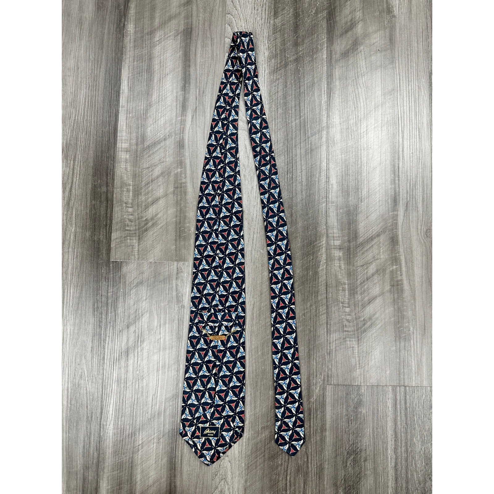 Brioni Geometric Triskelion Tessellation Made in Italy Silk Tie in Navy with Red, Gold, Blue, White — Size OS // Preowned