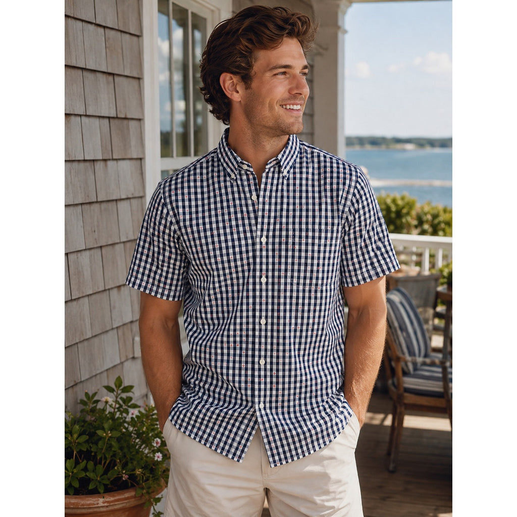 Brooks Brothers Regent Fit Gingham Crab Print Short Sleeve Shirt in Navy, White, Red — Size Large // Preowned