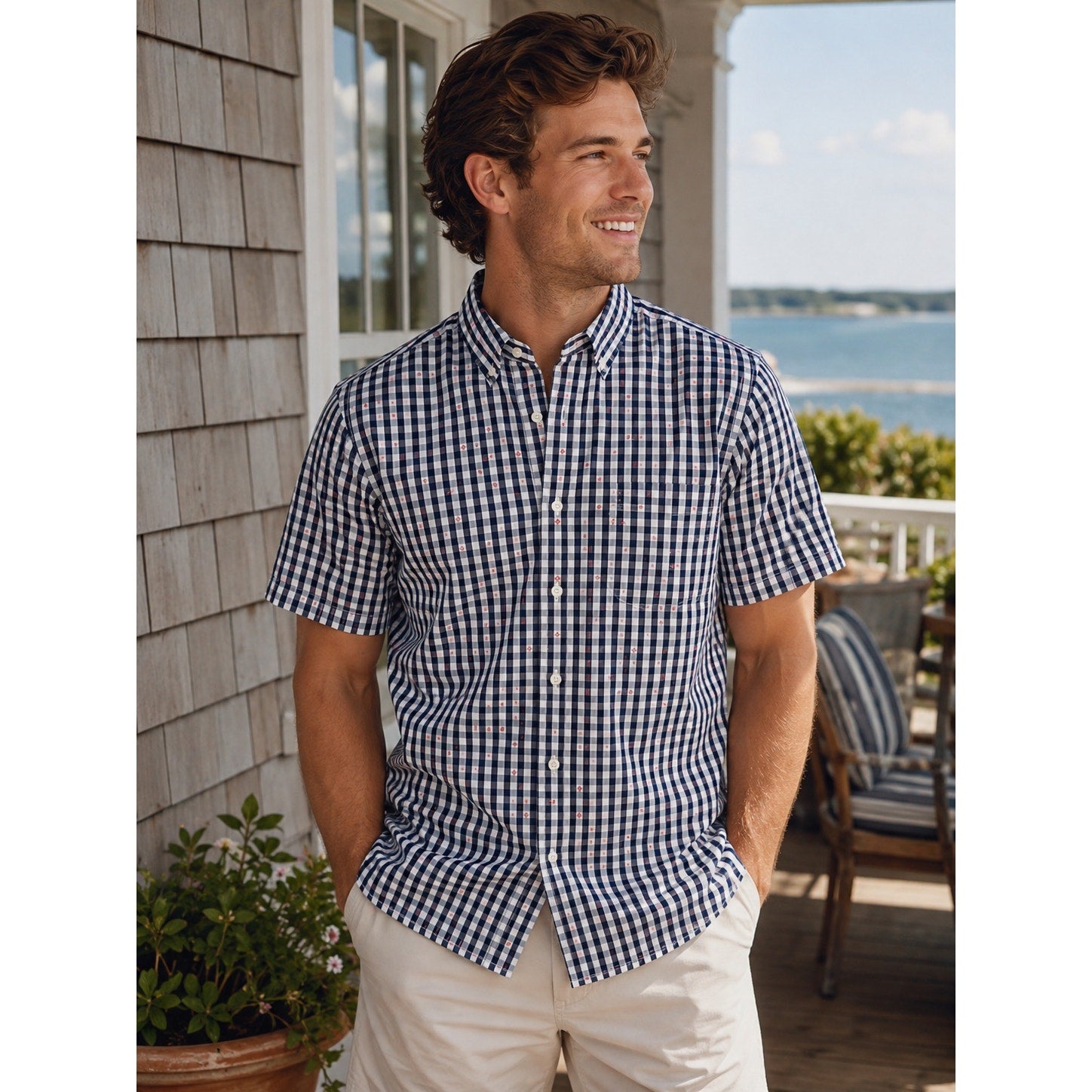 Brooks Brothers Regent Fit Gingham Crab Print Short Sleeve Shirt in Navy, White, Red — Size Large // Preowned