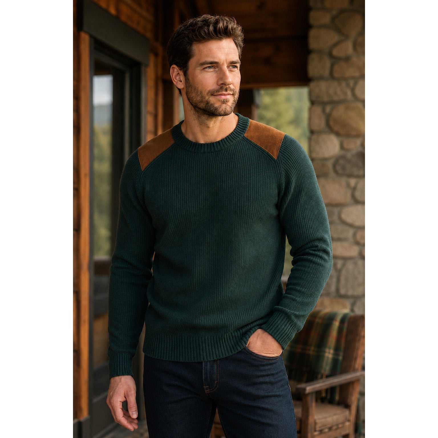 Hunter Faux Leather Patched Hunter Green Knit Crew Neck Sweater - XL