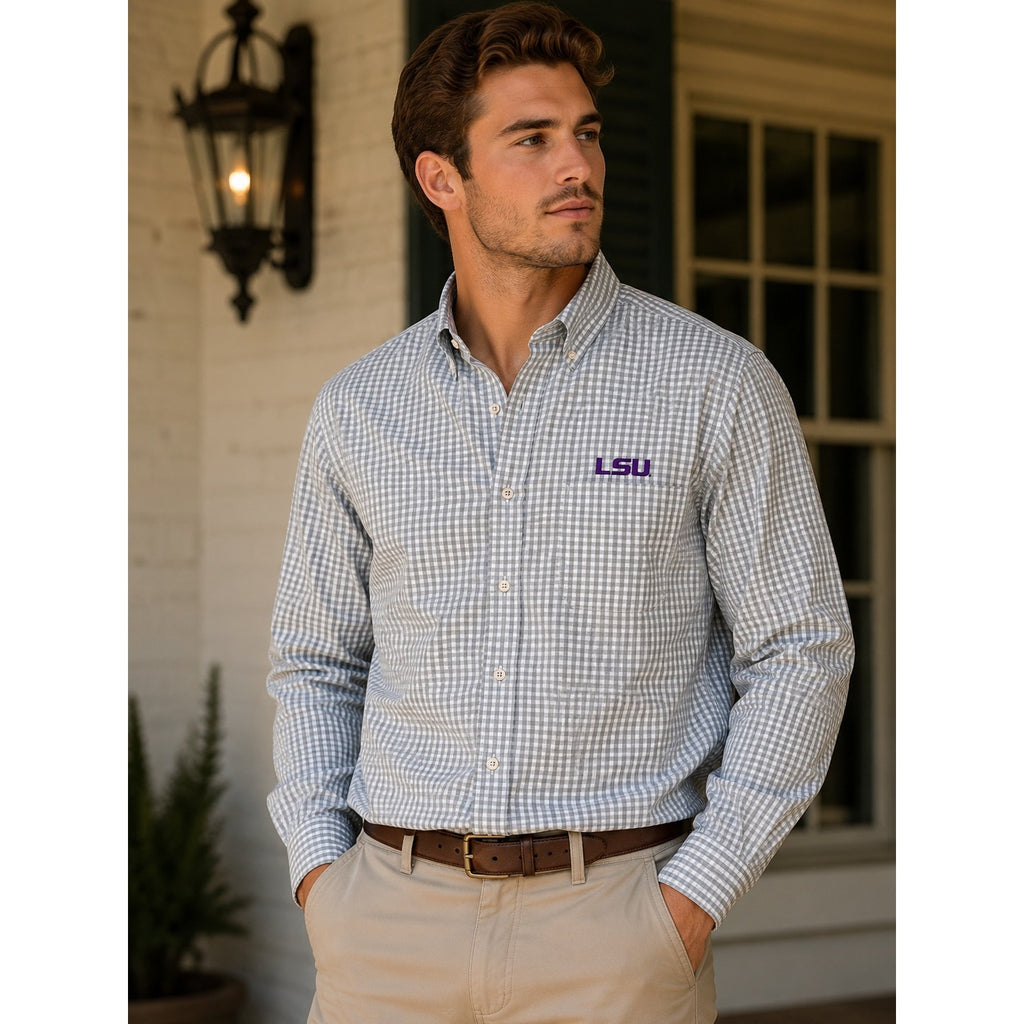 Antigua LSU Tigers Structure Checkered Long Sleeve Button Down in Gray White — Size Large // Preowned
