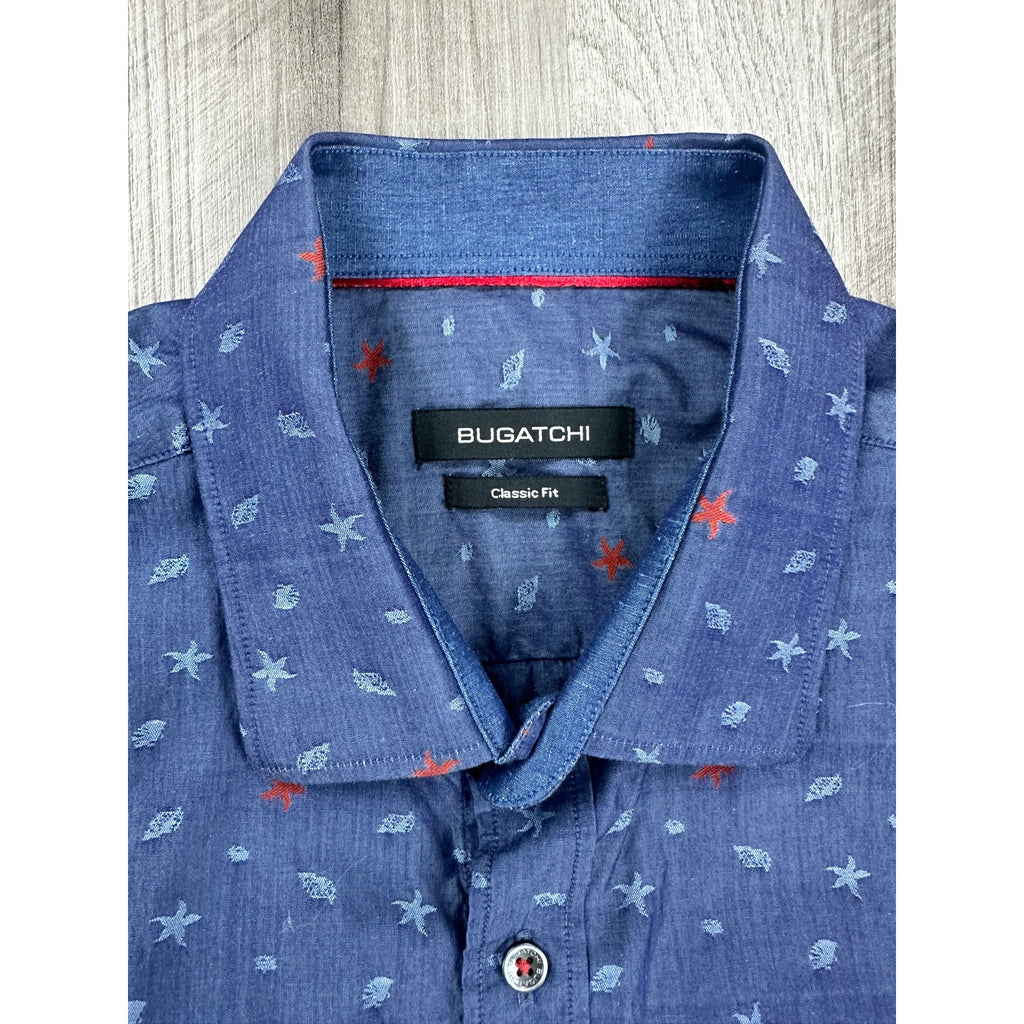 Bugatchi Classic Fit Starfish Sea Shell Print Short Sleeve Button Down in Dark Chambray Multi — Size Large // Preowned
