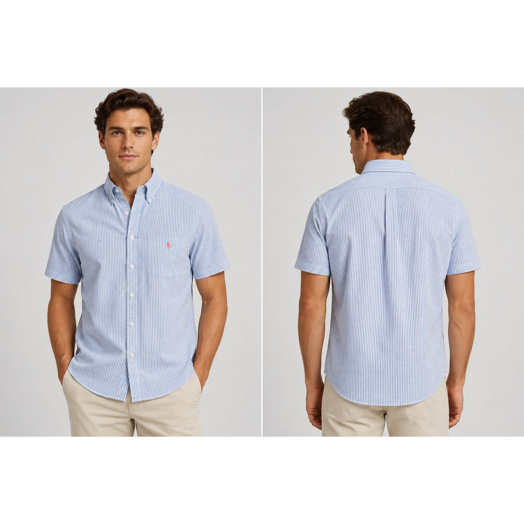 Polo Ralph Lauren Seersucker Untucked Fit Guaranteed to Wrinkle Short Sleeve Shirt in Blue, White — Size Medium