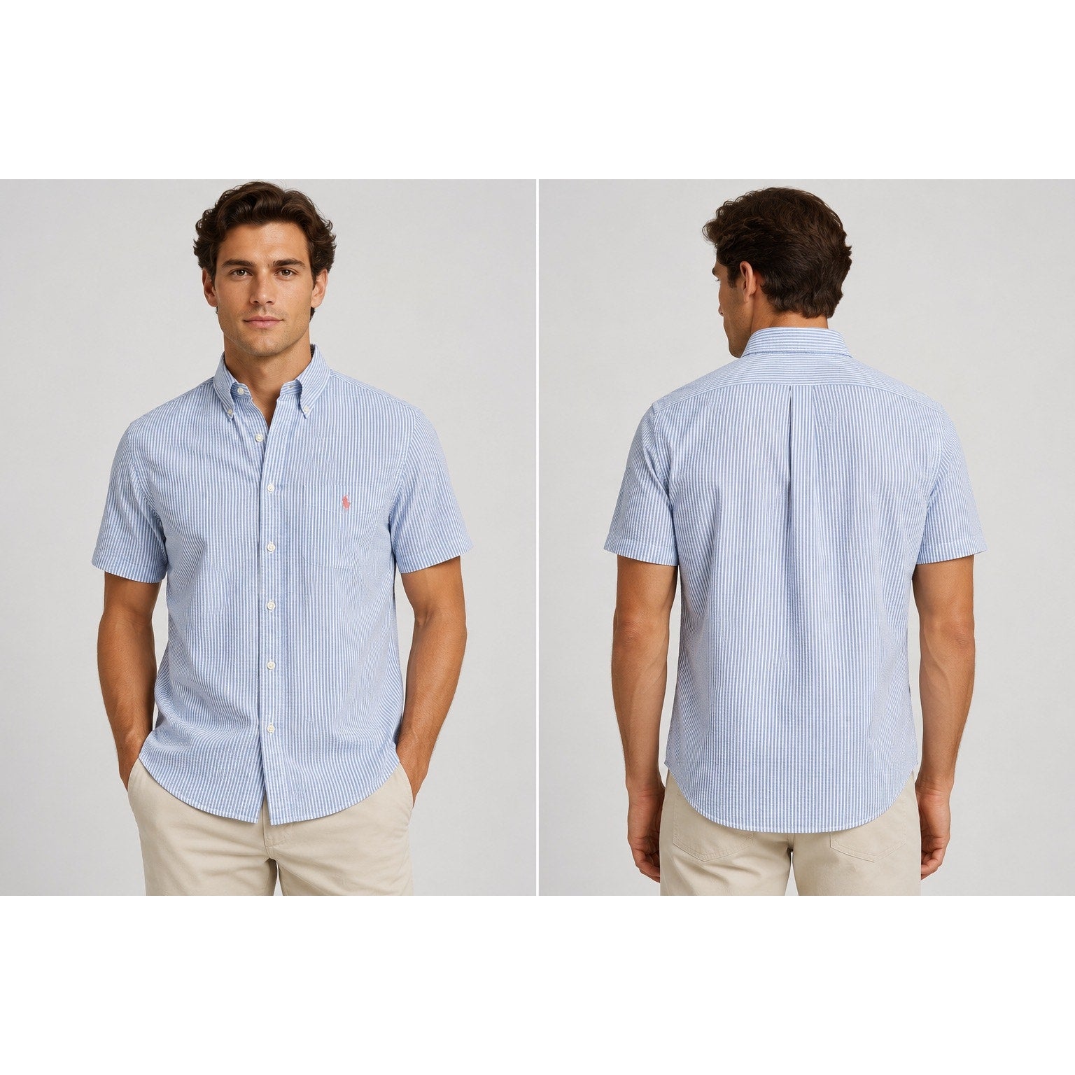 Polo Ralph Lauren Seersucker Untucked Fit Guaranteed to Wrinkle Short Sleeve Shirt in Blue, White — Size Medium