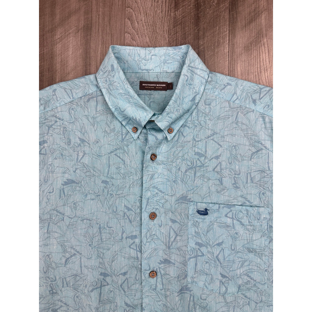 Southern Marsh Flamingos Linen Blend Short Sleeve Shirt in Light Blue — Size XL // Preowned