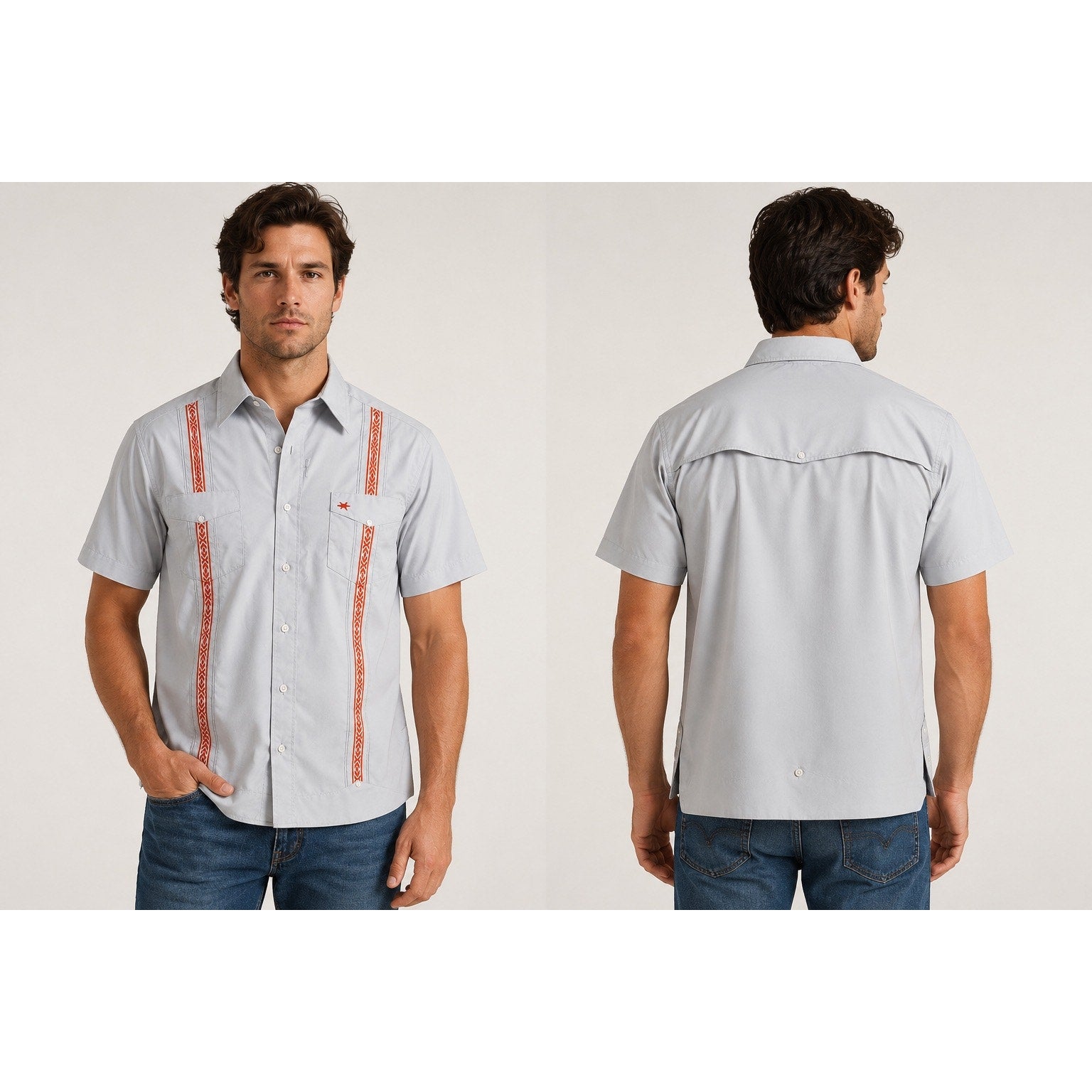 Texas Standard Guayabera Libre Western Performance Shirt in Gray and Orange — Size XL // Preowned