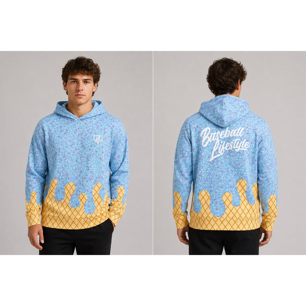 Baseball Lifestyle 101 Ice Cream Pullover Hoodie in Cotton Candy Blue — Size 2XL