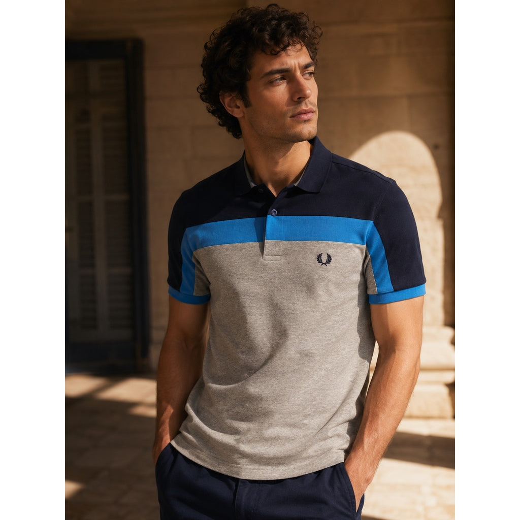 Fred Perry Slim Fit Colorblock Pique Polo in Navy Blue Gray — Size XL // Preowned