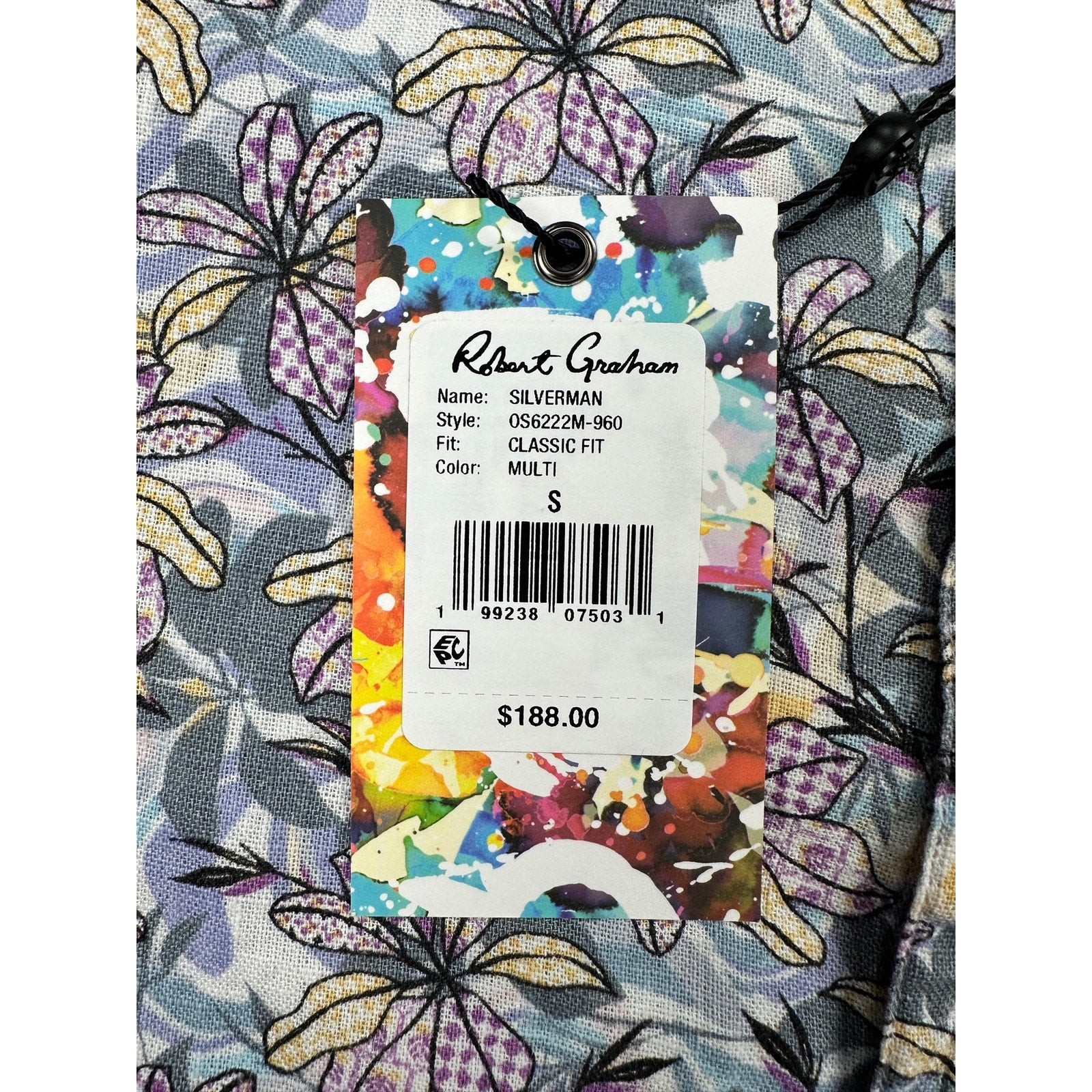 Robert Graham Silverman Classic Fit Floral Linen Short Sleeve Shirt in Gray, Purple, Yellow, Slate Blue — Size Small