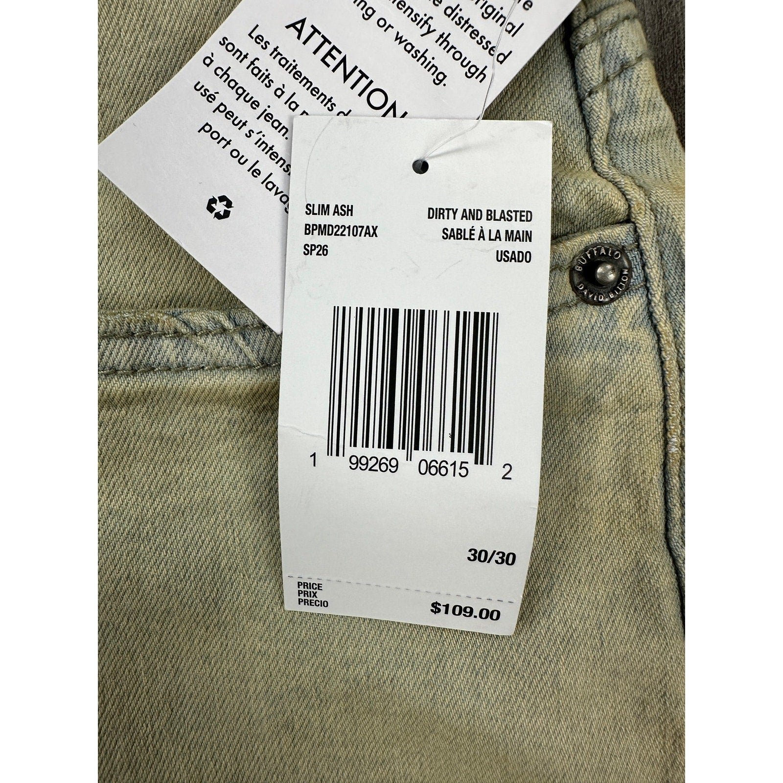 Buffalo David Bitton Ash Slim Stretch Jean in Dirty Blasted Wash — Size 30x30