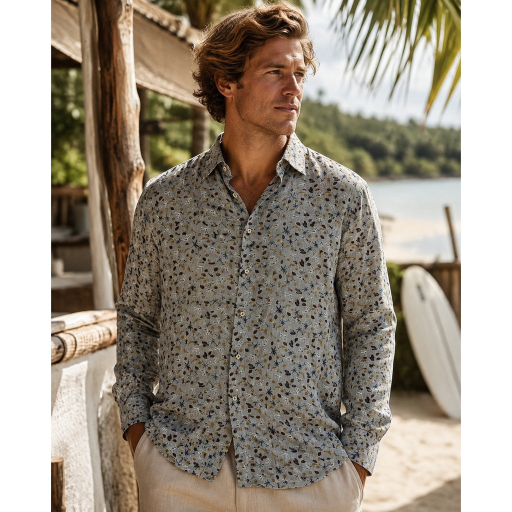 Knot Standard Linen Tropical Long Sleeve Shirt in Gray with Bananas, Pineapples, Coconuts, Palm Trees — Size 2XL // Preowned