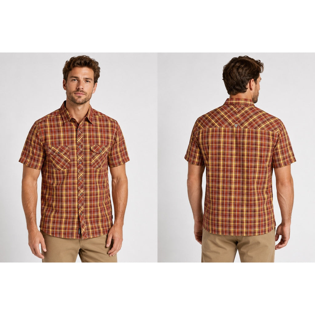 Kuhl Suncel Plaid Short Sleeve Button Down in Reddish Brown, Brown, Golden Yellow and White — Size XL // Preowned