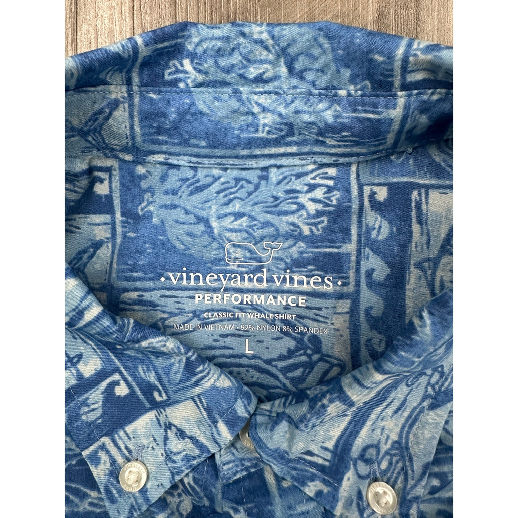 Vineyard Vines Performance Crab Fish Classic Fit Whale Shirt in Blue — Size Large