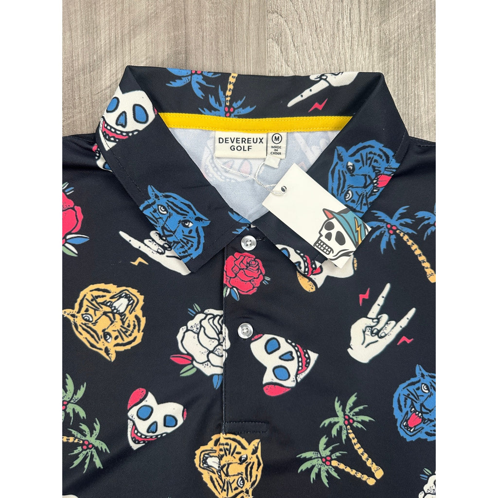 Devereux Golf Freestyle Skull Tiger Roses Performance Polo — Size Medium