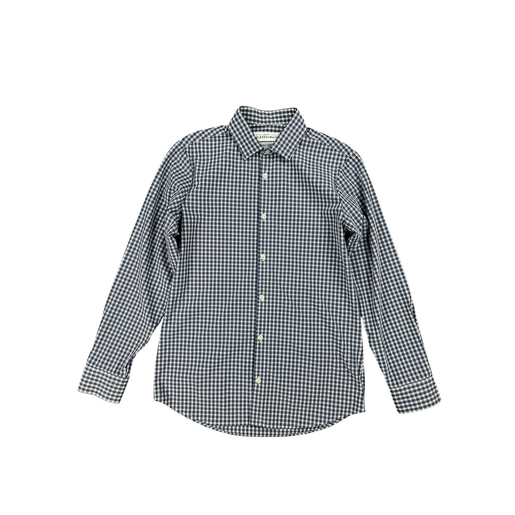 Mizzen+Main Leeward Trim Fit Performance Plaid Long Sleeve Button Down in Navy Red White — Size Medium // Preowned