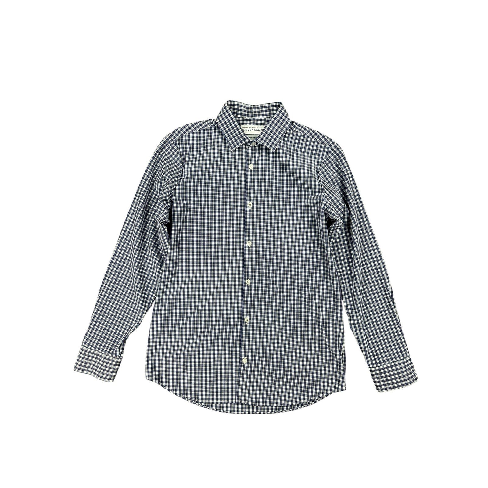 Mizzen+Main Leeward Trim Fit Performance Plaid Long Sleeve Button Down in Navy Red White — Size Medium // Preowned