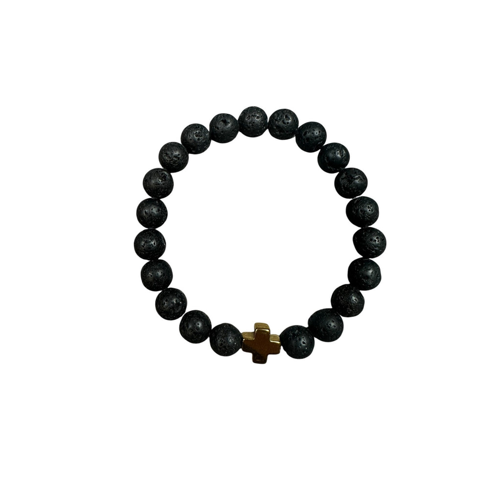 Andrew Christian Gold Cross Black Stretch Bead Bracelet in Black and Gold — One Size
