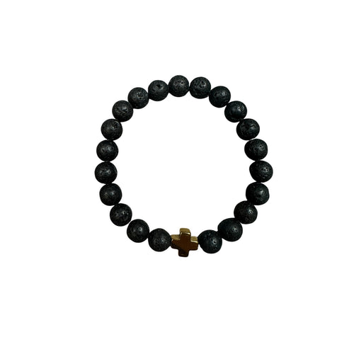 Andrew Christian Gold Cross Black Stretch Bead Bracelet in Black and Gold — One Size