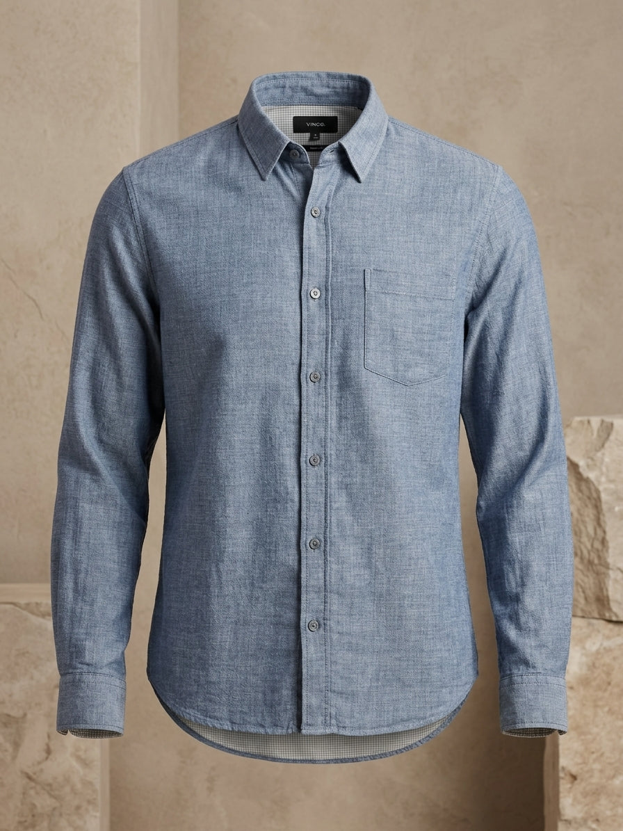 Vince Double Face Cotton Classic Fit Button-Down in Heather Blue — Medium
