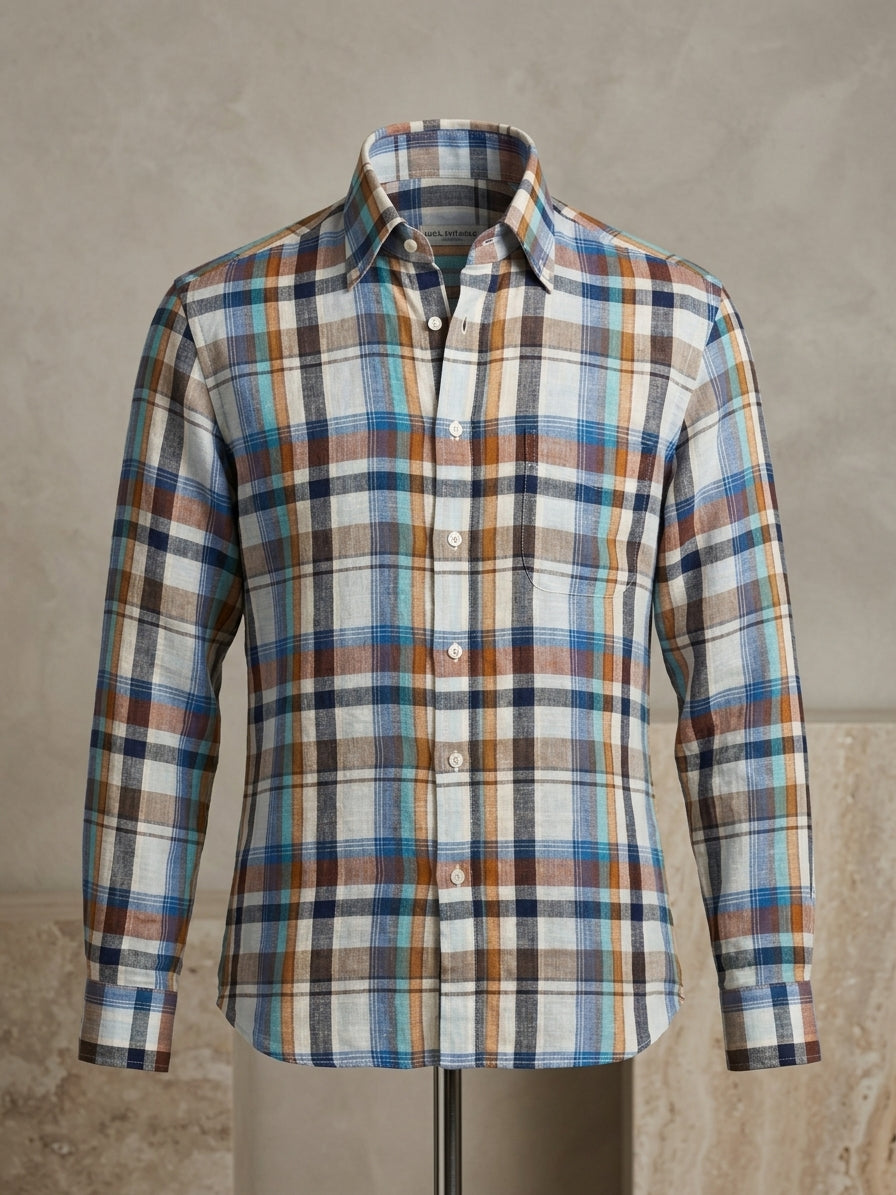 Luca Avitabile Handmade Neapolitan Linen Plaid Shirt in Multicolor — Large